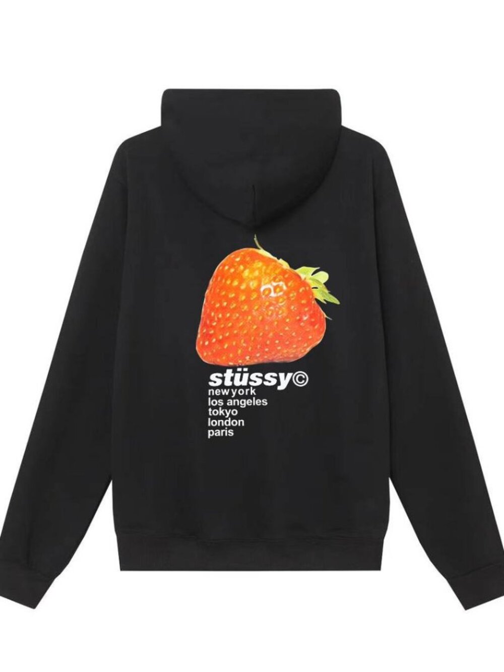 Stussy Black Strawberry Graphic Pullover Hoodie City List Back Print